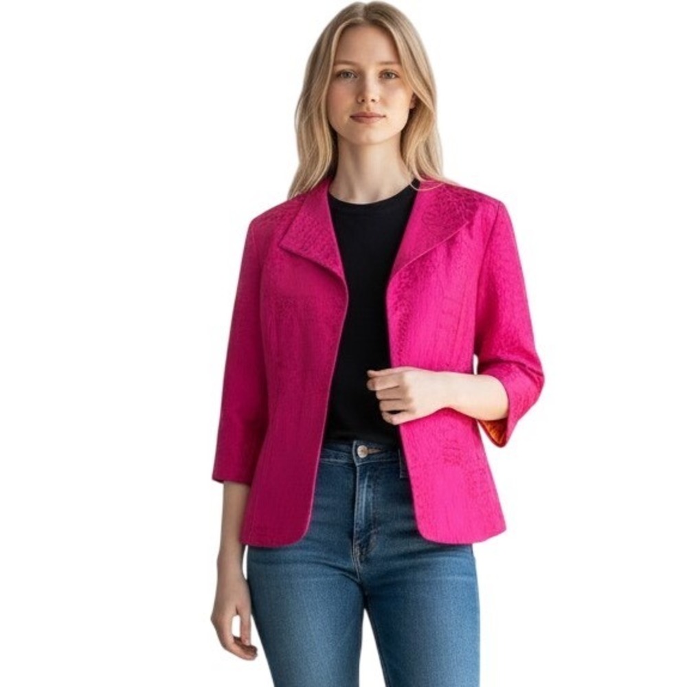 Coldwater Creek Womens Pink 100% Silk Embroidered Open Front Blazer Petite Large